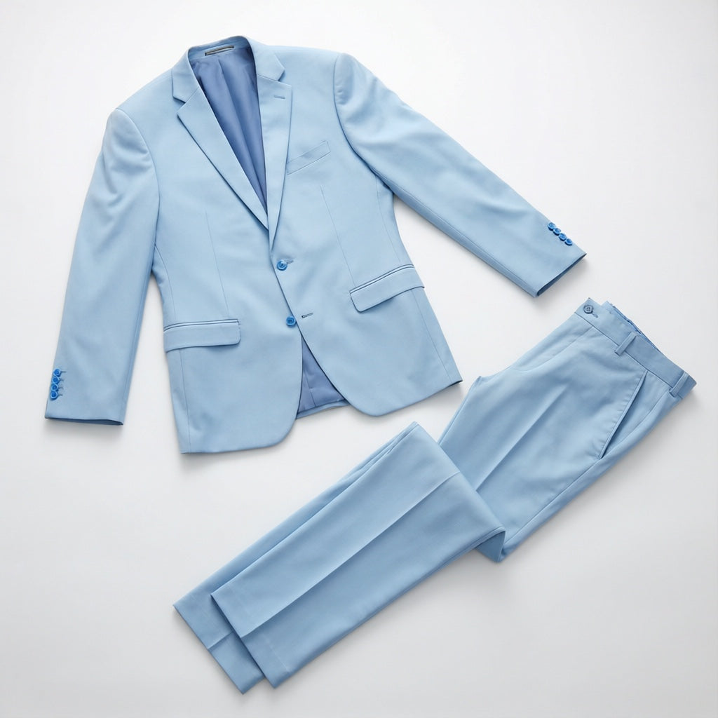 Men's Sky Blue Tailored Stretch Suit laid flat with matching trousers