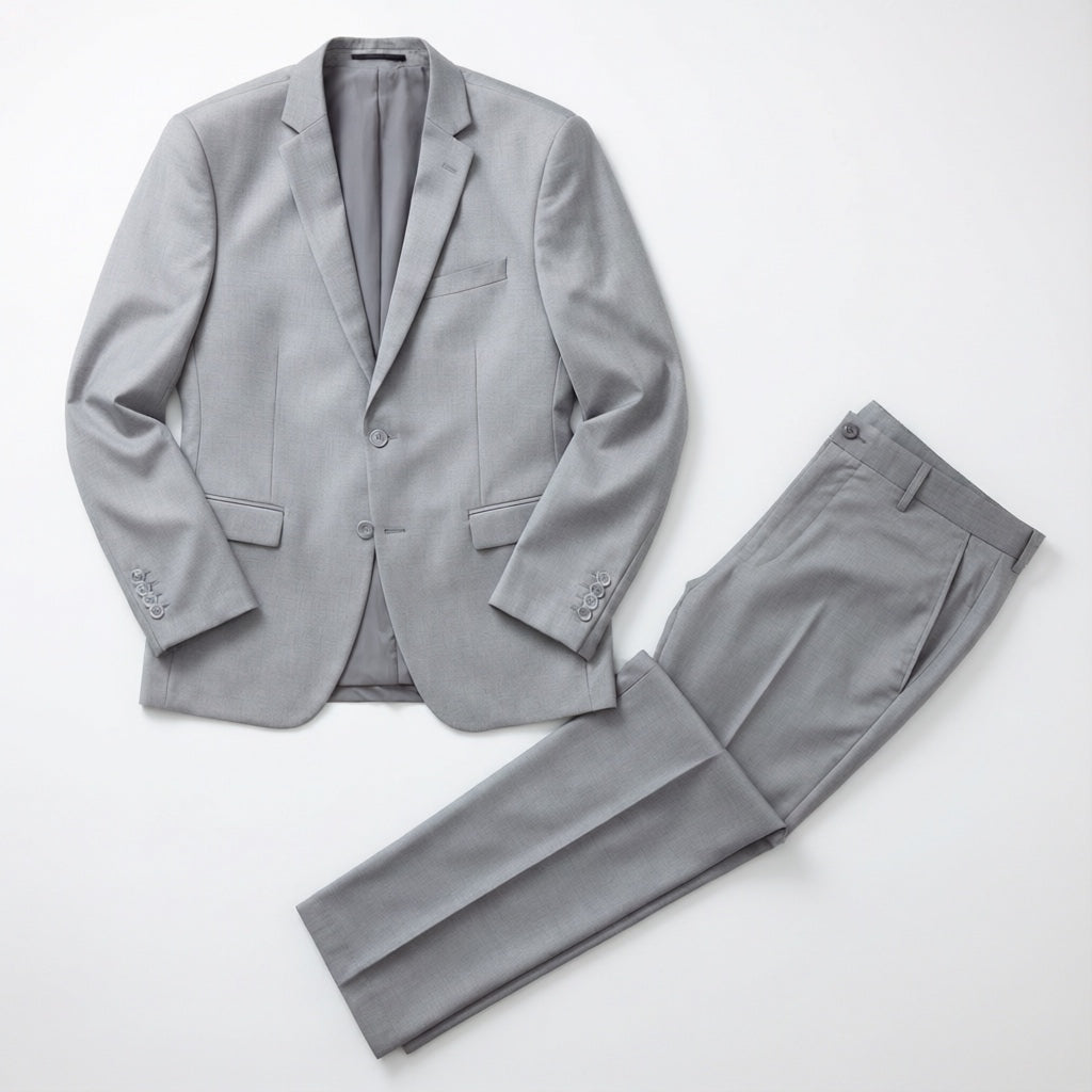 Men's Solid Gray Tailored Stretch Suit laid flat with matching trousers