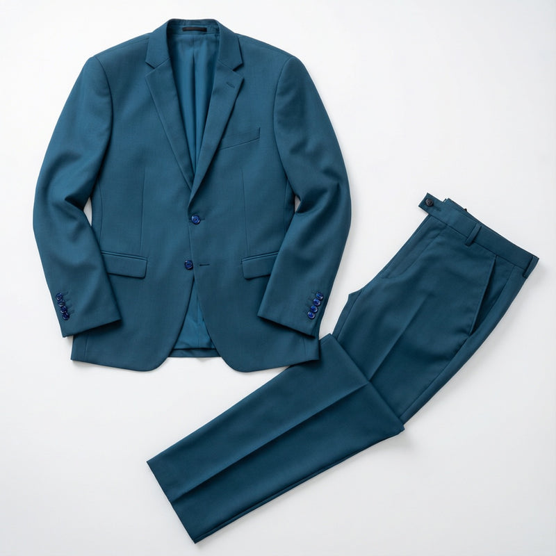 Men's Teal Motion Stretch Suit laid flat with matching trousers