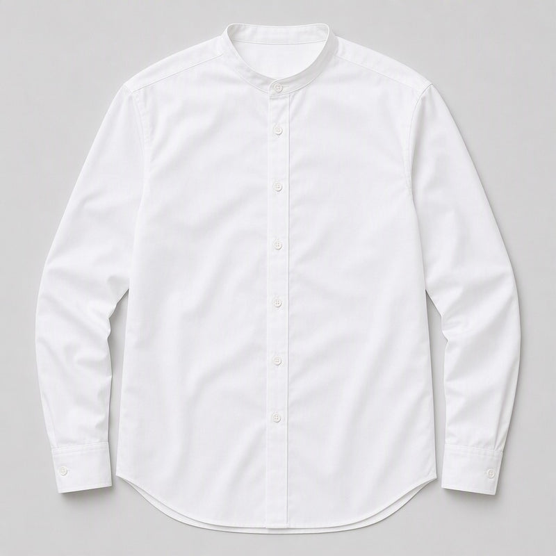 Men's White Collarless Stretch Dress Shirt laid flat, front view, band collar with seven-button placket
