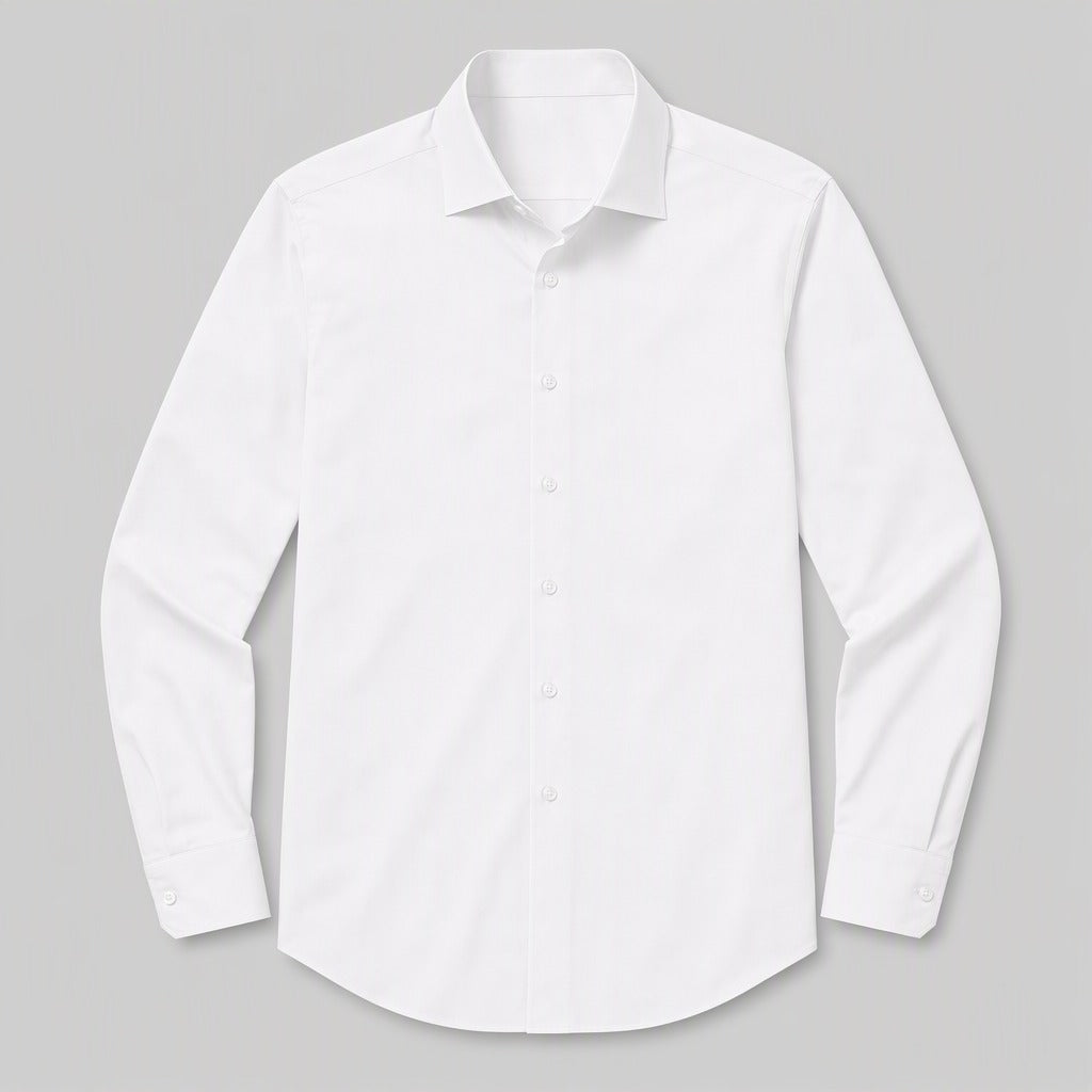 Men's White Stretch Dress Shirt — laid flat, front view, pointed collar and seven-button placket