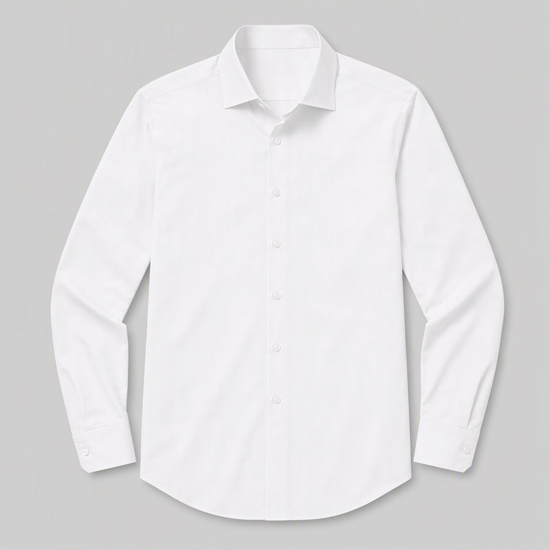 Men's White Stretch Dress Shirt — laid flat, front view, pointed collar and seven-button placket