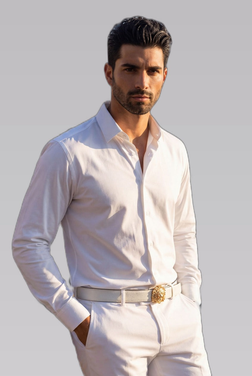 Men's White Stretch Dress Shirt — on model against a pale grey studio backdrop